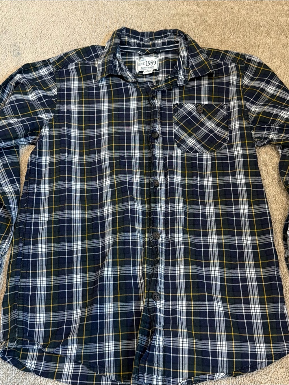 Boys Navy Plaid Button-Down Shirt Sz 7/8